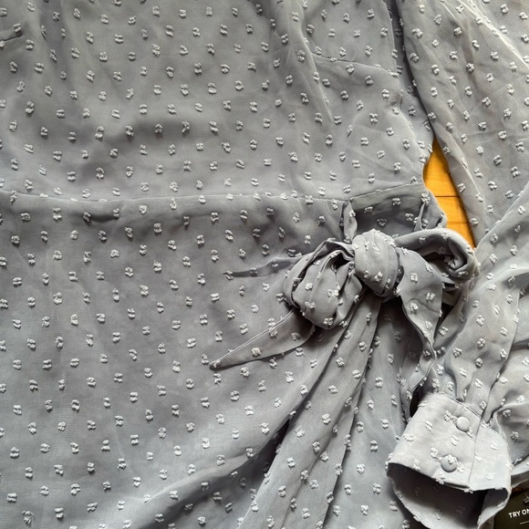 Lulus Much Love Light Blue Swiss Dot Long Sleeve Tie-Front Mini Dress Medium NEW - Picture 4 of 6